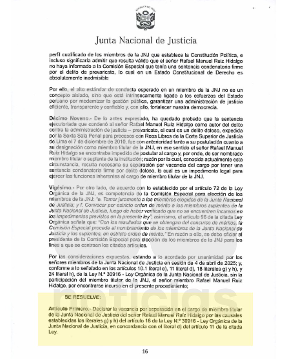 PuntoFinalOf's tweet photo. 🚨#URGENTE | Tras la denuncia de #PuntoFinal, declaran la vacancia de Rafael Ruiz Hidalgo, miembro de la JNJ que fue designado a pesar de tener una condena por el delito de prevaricato en el año 2010.

Reportaje: https://t.co/EEwVJhUtnR https://t.co/qPnQaGGtK1
