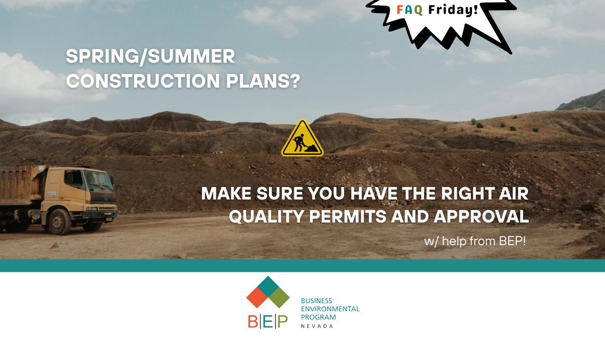 With construction season upon us, we want to help make sure you're operating under the proper permits and approvals, specifically in regard to air quality emissions. ⚠️

We offer free and confidential assistance, contact us at the link in our bio with any questions today!

#NvBEP