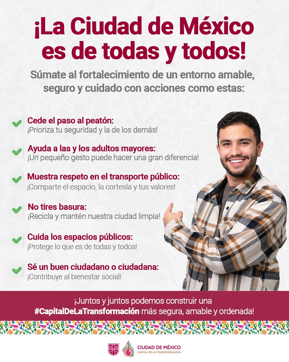 GobCDMX's tweet photo. 🪄 ¡Ser buenos ciudadanos y ciudadanas, está en nuestras manos! ❤️

🤗 Con acciones pequeñas podemos lograr grandes cambios, súmate al fortalecimiento de una #CapitalDeLaTransformación más segura, limpia, amable. 🥰🫂

🌤️ ¡Cada día es una nueva oportunidad para ser buena onda! 😚 https://t.co/P4V9qM8eoh