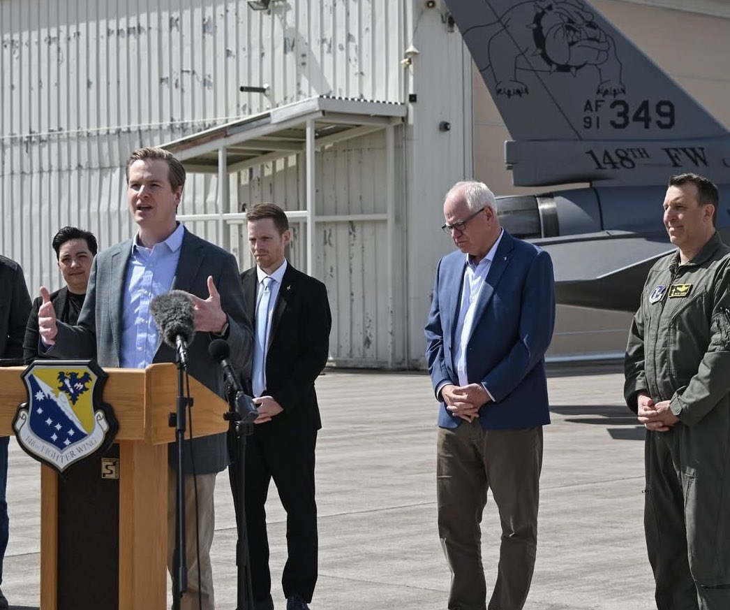 grant_hauschild's tweet photo. Joined @GovTimWalz at the 148th Fighter Wing to support the incredible men & women who serve. I’ve carried the bill for hangar upgrades for 2 years—this year, it feels like we’ll get it done. Thanks to @DuluthChamber for backing this vital investment. #mnleg #148FW https://t.co/wsaJtzxh1Y