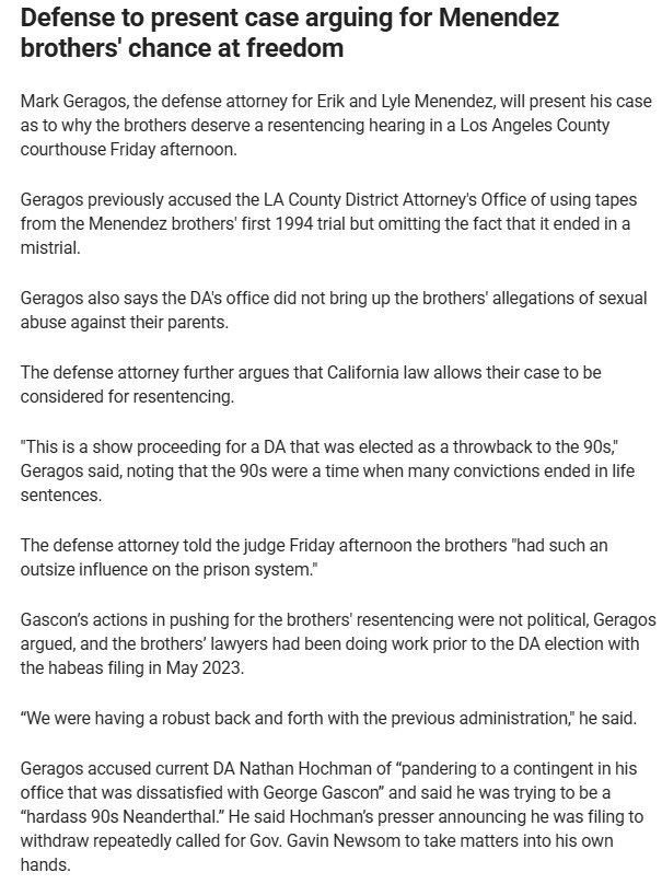 MenendezLegacy's tweet photo. #MenendezUpdate 📣

Geragos isn't holding back, slamming the DA’s office for weaponizing outdated tactics, ignoring abuse evidence, and turning the hearing into political theater.

Source: FOX News.

#FreeErikAndLyle #MenendezBrothers https://t.co/e7gIAY53Pi