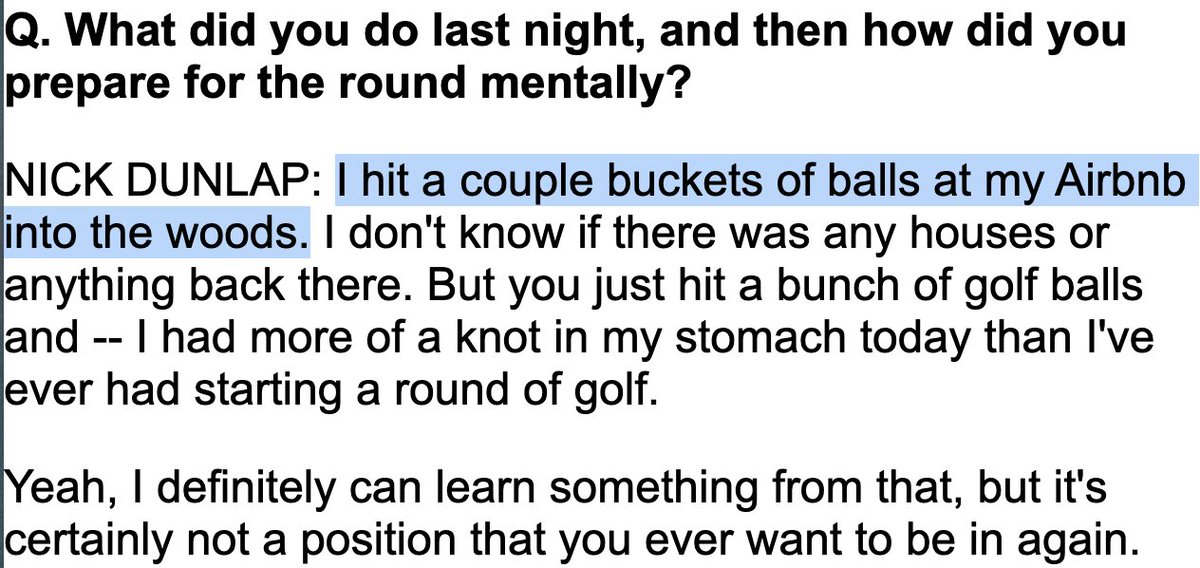 KylePorterNS's tweet photo. Some incredible Nick Dunlap quotes today. 

He said his trainer went to Target to get 100 balls that Dunlap proceeded to hit into the woods last night at his rental house. 

He had no idea what he was hitting at. https://t.co/7ANkahKvIf