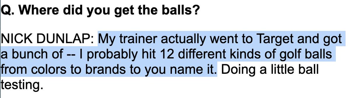 KylePorterNS's tweet photo. Some incredible Nick Dunlap quotes today. 

He said his trainer went to Target to get 100 balls that Dunlap proceeded to hit into the woods last night at his rental house. 

He had no idea what he was hitting at. https://t.co/7ANkahKvIf