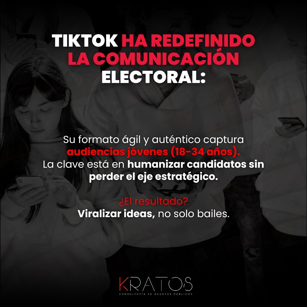 grupokratos's tweet photo. Las reglas de la política cambiaron: TikTok no es solo para retos virales, ¡es la nueva arena electoral!
El 68% de los millennials prefieren candidatos con contenido auténtico.
👉 Humaniza y conquista. #PolíticaDigital no es tendencia… ¡es obligación! 📲
#ComunicaciónPolítica https://t.co/GLwam1gVIx