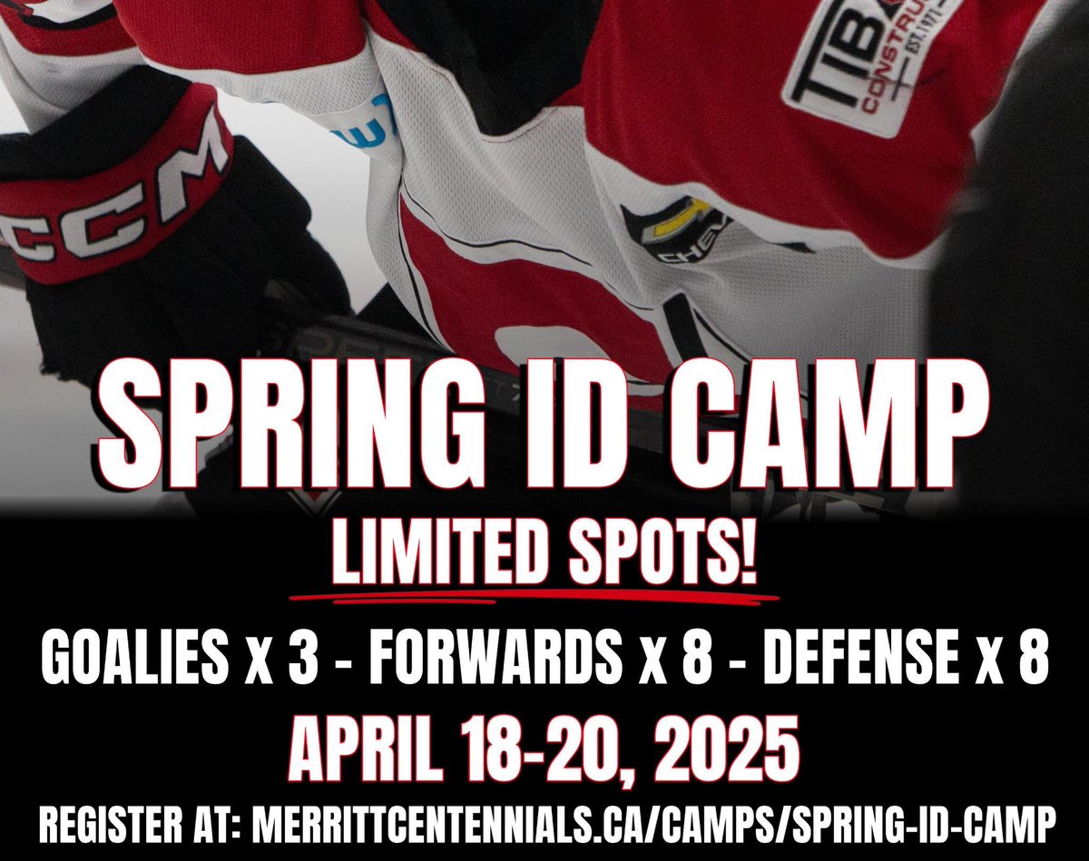 LIMITED SPOTS 🚨

Join the Merritt Centennials Spring ID Camp — April 18-20, 2025 in Merritt, BC! 🏒

Think you’ve got what it takes to wear the red &amp; black?

Only 3 Goalie spots, 8 Forwards and 8 Defense

📍 Register now: merrittcentennials.ca/camps/spring-i…