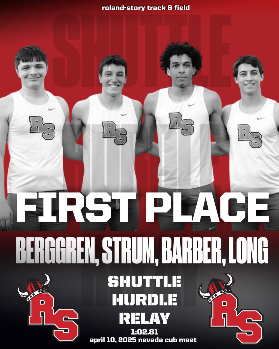 Congrats to the hurdling Roland-Story Norsemen team of Jake Berggren, Carter Barber, Jayden Strum &amp; Cody Long for their 1st place finish in Shuttle Hurdle Relay at Nevada on April 10. 

The Norse Relay breaks the tape at 1:02.81 &amp; is currently ranked in Class 2A top 5.

#iahstrk