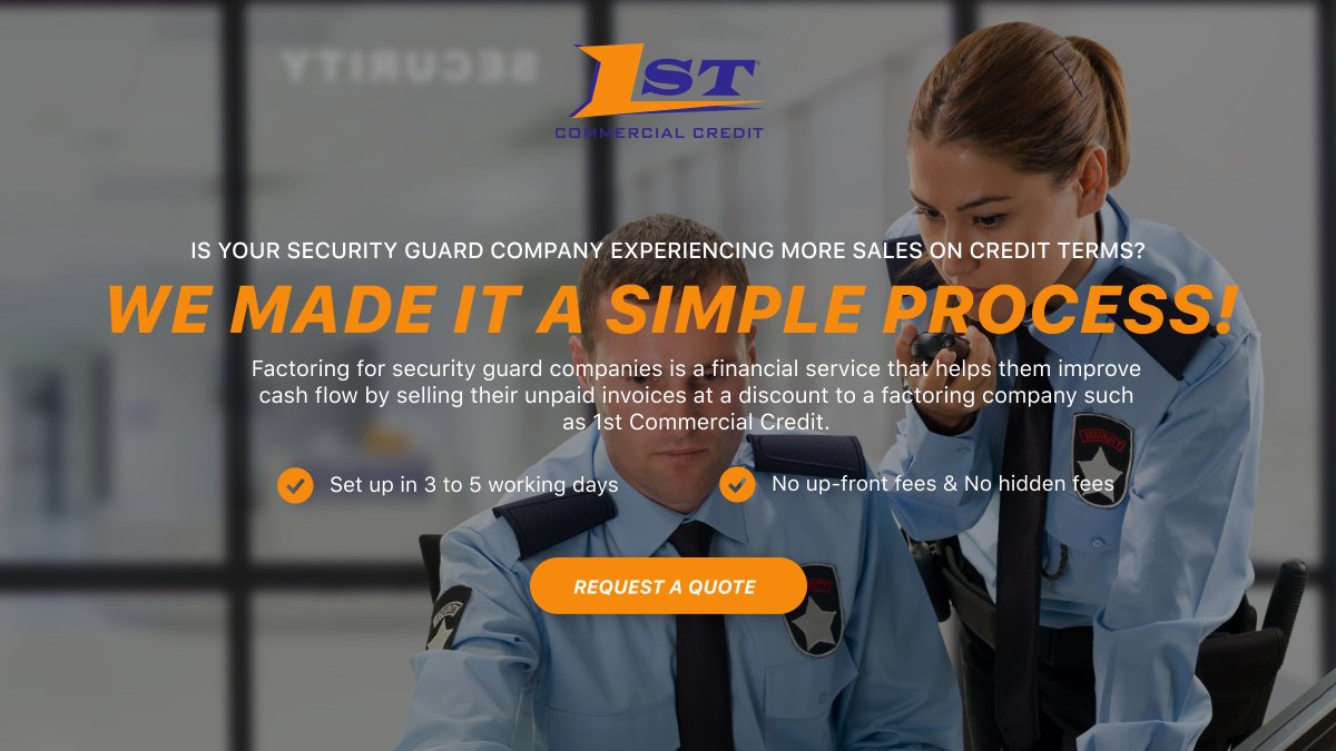 1stComCredit's tweet photo. WE MADE IT A SIMPLE PROCESS!

Invoice Factoring For Security Guard Companies

Learn More:
https://t.co/uCz0UbexbF

#invoice #factoring #security #guard #financing #receivables #fast #funding #cashflow #1stcc https://t.co/XJfwpfECHW