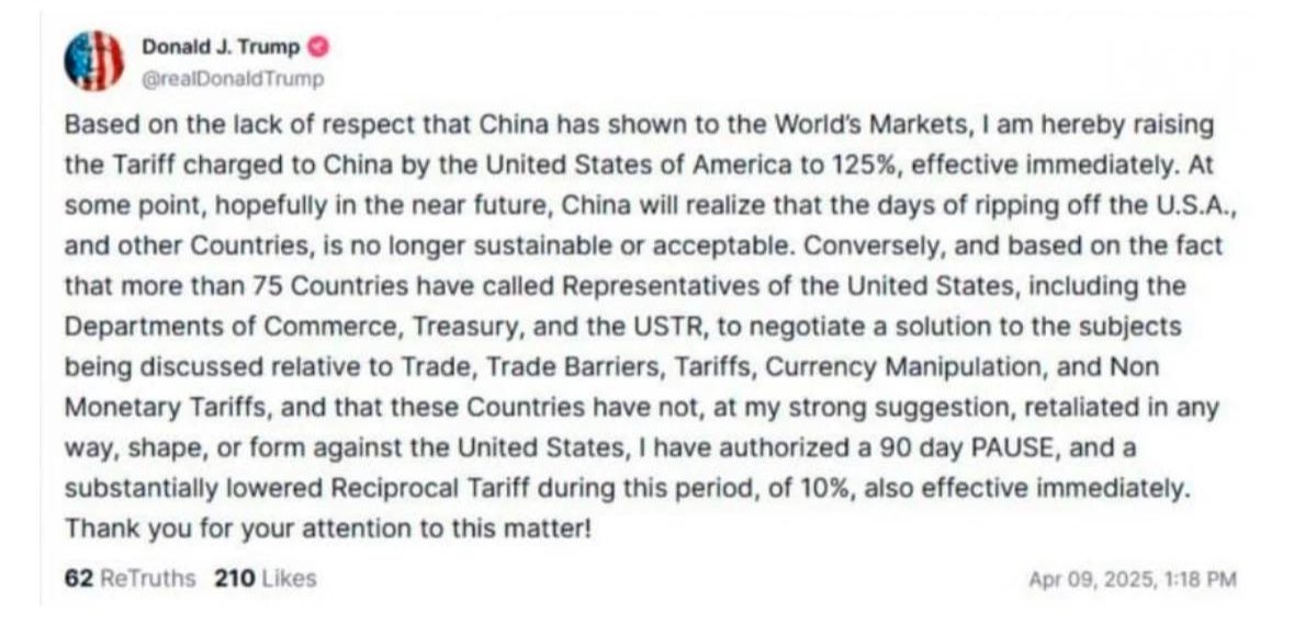 I got to know what Trump wanna do

He said he’s gonna look after the countries which didn’t fight back with tariffs and he’s NOT gonna forgive the countries which stick together with China

So I think the tariffs is the card for negotiation and filter out the pro-China countries.