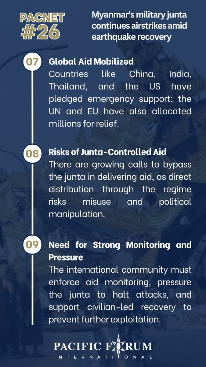 Pacific Forum (@pacificforum) on Twitter photo 🛑 “#Disaster doesn’t halt #destruction.”
In #PacNet 26, #PacificForum Research Fellow <a href="/AungThuraKoKo/">Aung Thura Ko Ko</a> highlights how #Myanmar’s #military continues #airstrikes amid #earthquake recovery efforts.
🔗 Read more: pacforum.org/publications/p…
#IndoPacific #HumanRights #MyanmarEarthquake 🛑 “#Disaster doesn’t halt #destruction.”
In #PacNet 26, #PacificForum Research Fellow <a href="/AungThuraKoKo/">Aung Thura Ko Ko</a> highlights how #Myanmar’s #military continues #airstrikes amid #earthquake recovery efforts.
🔗 Read more: pacforum.org/publications/p…
#IndoPacific #HumanRights #MyanmarEarthquake