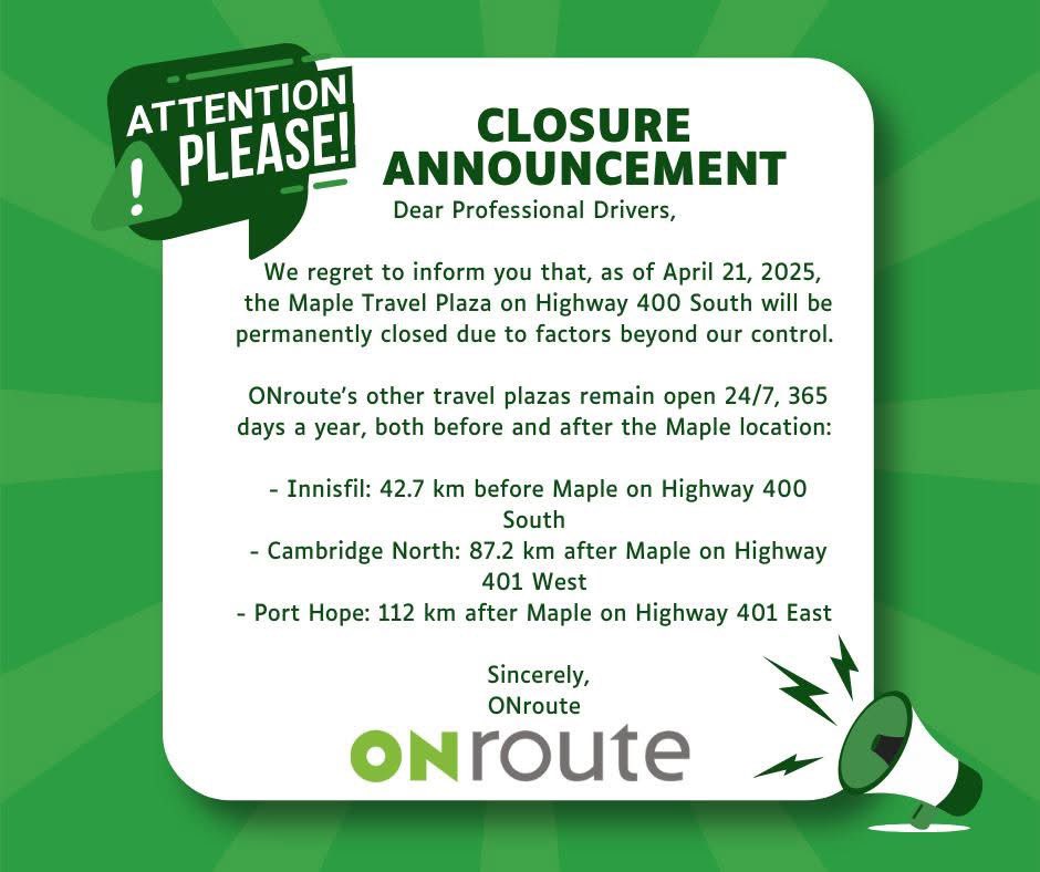 computerwarez's tweet photo. Copied Paste : 

Heads up Drivers!!  Please share this information about this upcoming closure. Thank you

#professionaldrivers #onroute #Ontario https://t.co/WEaQtGemCg