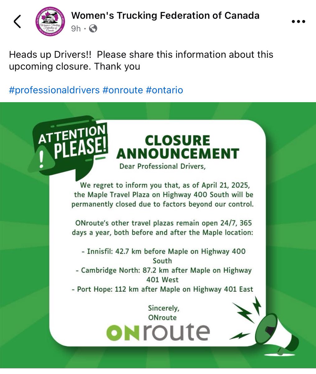 computerwarez's tweet photo. Copied Paste : 

Heads up Drivers!!  Please share this information about this upcoming closure. Thank you

#professionaldrivers #onroute #Ontario https://t.co/WEaQtGemCg
