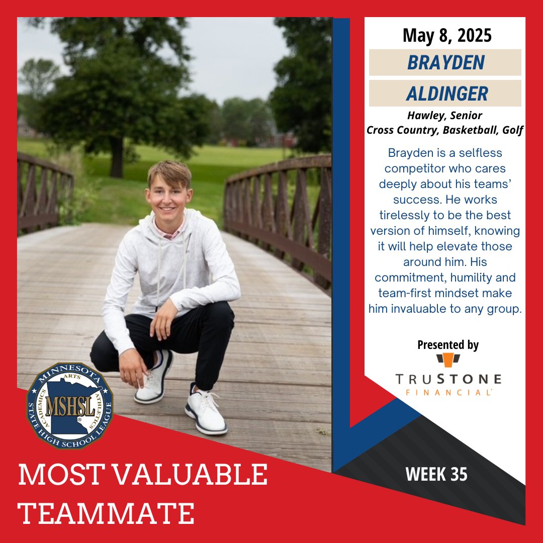 MinnesotaMillea's tweet image. Congratulations to this week's #mshsl Most Valuable Teammate, Brayden Aldinger of Hawley. MVT is sponsored by @TruStoneFCU