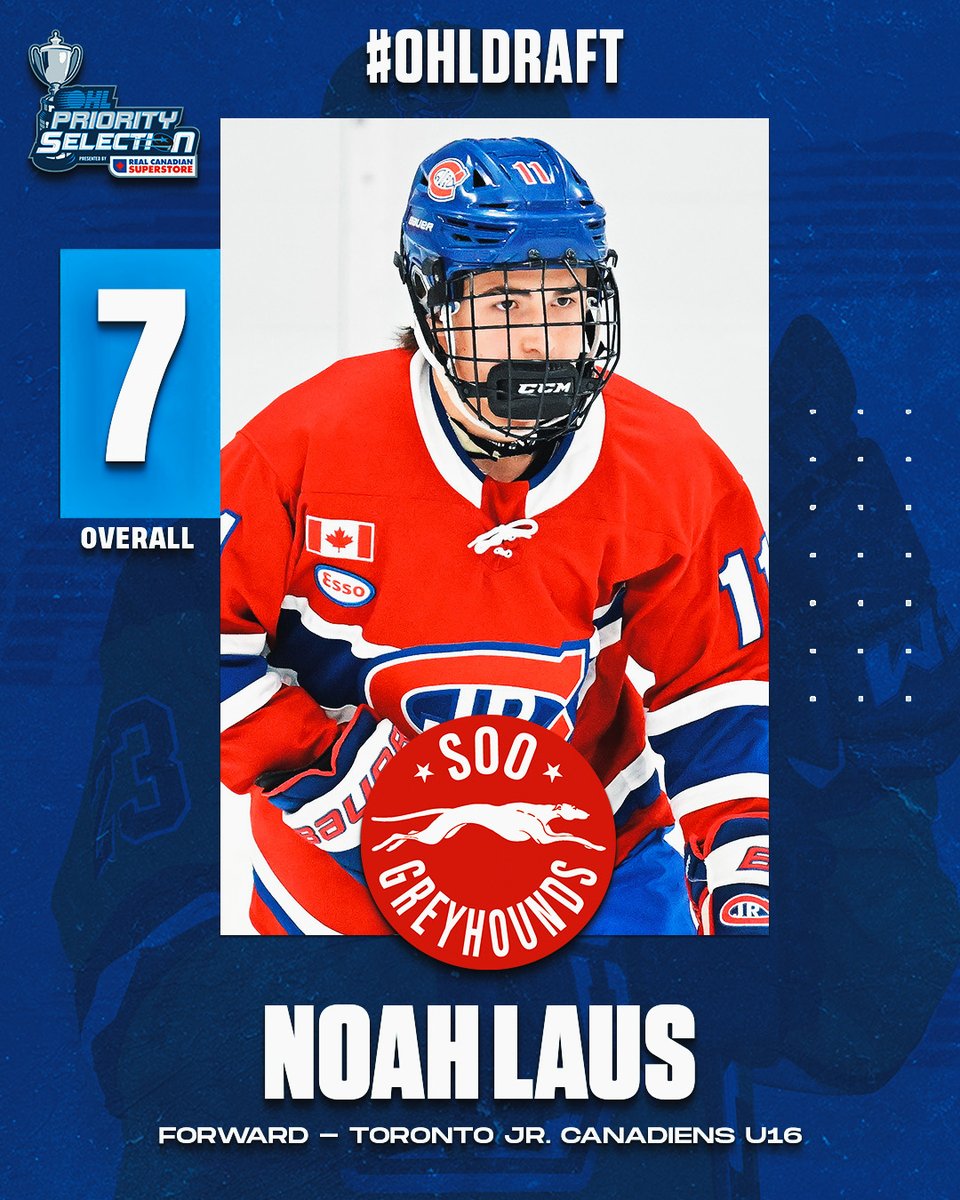 OHLHockey's tweet photo. The @OHLHoundPower have selected #OHLCup champion Noah Laus of @GTHLHockey's @JrCanadiensAAA with the seventh overall pick of the 2025 #OHLDraft!

🎥: https://t.co/7ScDDJsX56 https://t.co/w03mTD5GQ2