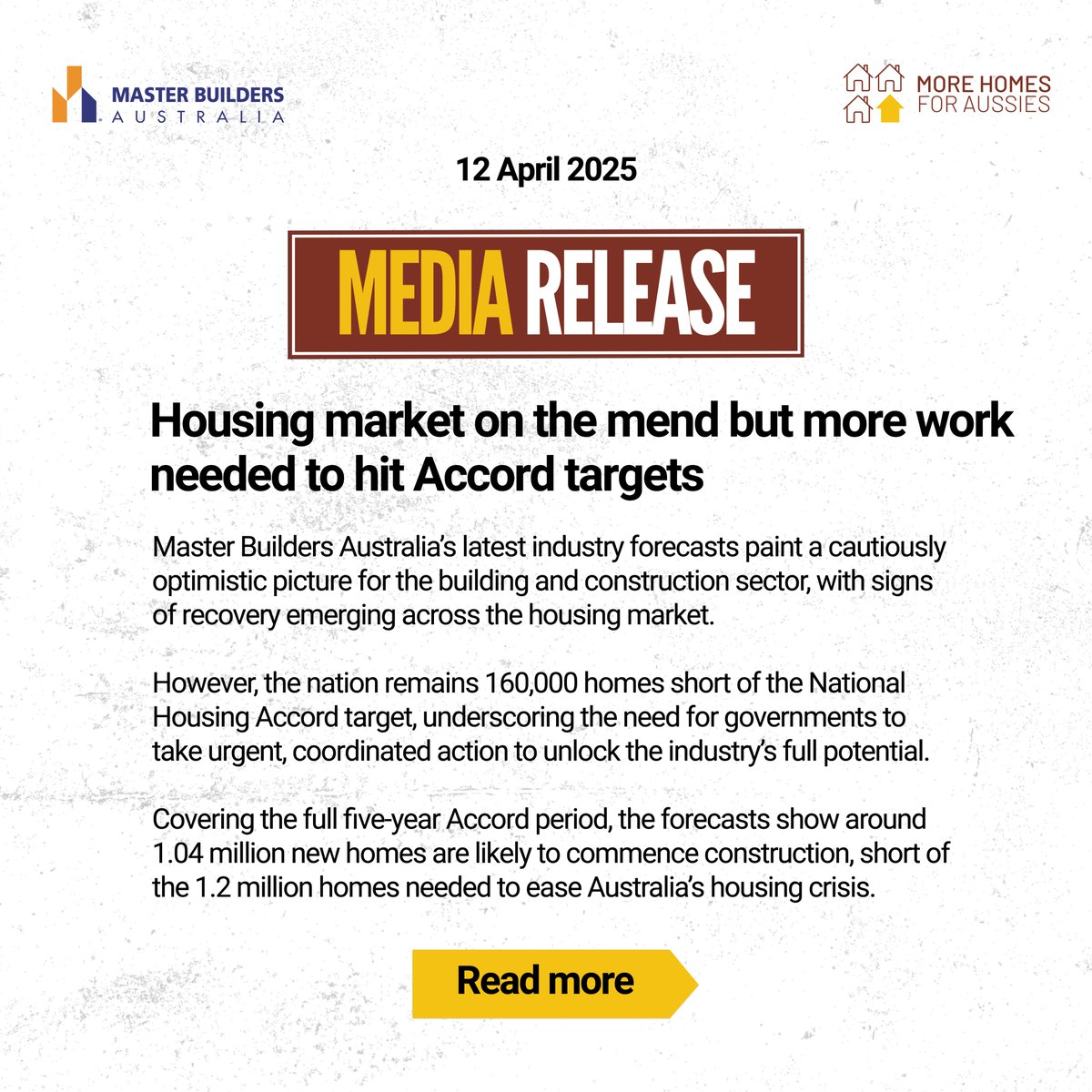 The housing market is beginning to show signs of life after a difficult two years, and with inflation and interest rates easing, the conditions are right to support greater investment in new housing. But we need government to step up.

Release: masterbuilders.com.au/housing-market…