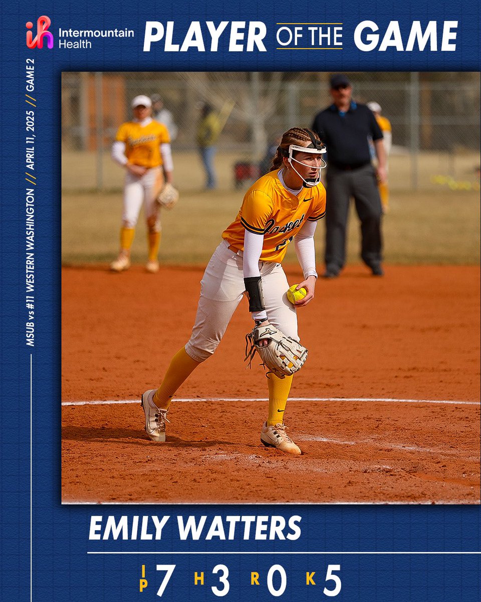 MSUBSoftball's tweet photo. SHUT OUT NO.1️⃣1️⃣ IN THE NATION

MSUB picks up a split on Friday after upsetting Western Washington with a game two shutout

Emily Watters earns Player of the Game honors for her game two gem, while Kennedy Dypwick earned POTG from game one

#MSUBSports | #MSUBSB https://t.co/BkxdNOBzpV