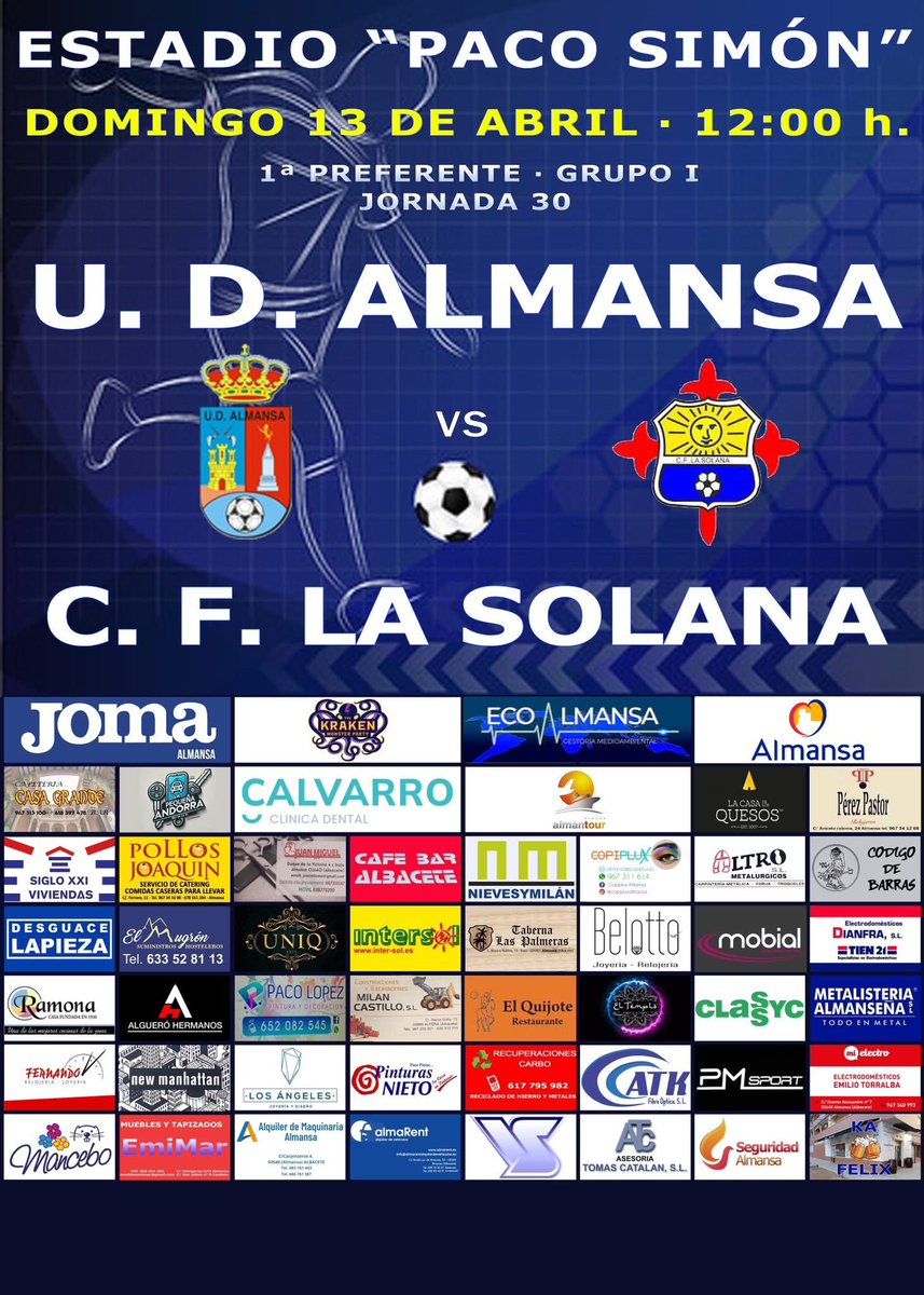 BalónParado.es (@balon_parado) on Twitter photo La UD Almansa⚽️💙 espera a La Solana⚽️🟡 en un partido que puede ser decisivo🫵🏼👨🏻⚖️
📰 La previa
📸 El cartel
🌐 En la web BalonParado.📱💻🖱
<a href="/AlmansaCiudad/">AlmansaCiudad</a> <a href="/AlmansaPeriodic/">El Periódico de Almansa</a> <a href="/UDAlmansa/">U.D. ALMANSA</a>
👇🏼👇🏼
balonparado.es/la-ud-almansa-… La UD Almansa⚽️💙 espera a La Solana⚽️🟡 en un partido que puede ser decisivo🫵🏼👨🏻⚖️
📰 La previa
📸 El cartel
🌐 En la web BalonParado.📱💻🖱
<a href="/AlmansaCiudad/">AlmansaCiudad</a> <a href="/AlmansaPeriodic/">El Periódico de Almansa</a> <a href="/UDAlmansa/">U.D. ALMANSA</a>
👇🏼👇🏼
balonparado.es/la-ud-almansa-…