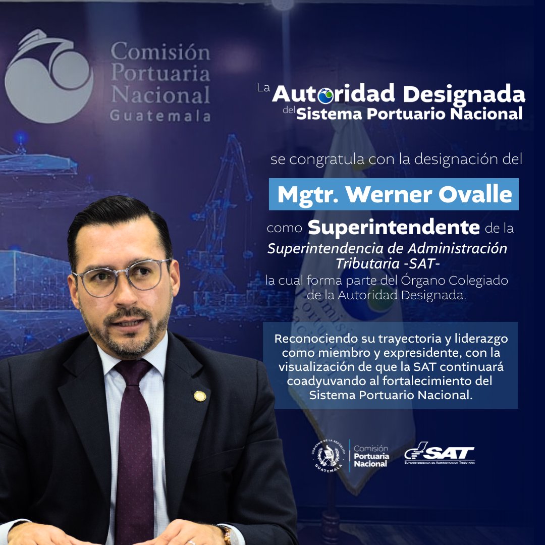 cpngobgt's tweet photo. #CPNFelicita

La Autoridad Designada del Sistema Portuario Nacional, felicita al Mgtr. @wovalle07, por su designación como Superintendente de @SATGT, reconociendo su profesionalismo y compromiso con el fortalecimiento y facilitación del comercio en el país. https://t.co/LQI8JRUoGc