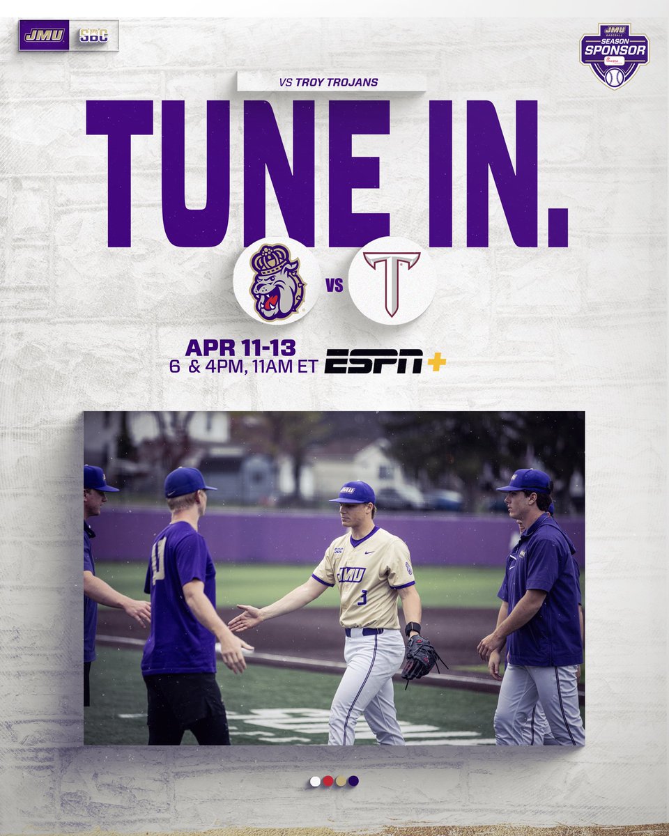 Another fun weekend of <a href="/JMUBaseball/">JMU Baseball</a> coming your way on ESPN+ on the times listed below! Make sure you tune in 💪🏼