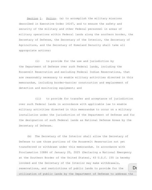 PawlowskiMario's tweet photo. WTF is this😳?

Trump’s new National Security Memo NSPM-4 just dropped…

→ Military mission to seal the southern border.
→ Military authorized to repel invasions.
→ Department of Agriculture involved. (LMAO WTF?)
→ Grabbing federal land for military use.
→ Declaring parts of America “National Defense Areas.”
→ Using Roosevelt Reservation land like it’s fucking military property.
→ Power handed to Defense, Homeland Security, Interior… all under Trump’s control.

Sounds less like “border security” — more like Soviet-style militarized zones inside the U.S.

This is no longer a border issue.
This is a blueprint for martial law practice runs.
In America.
