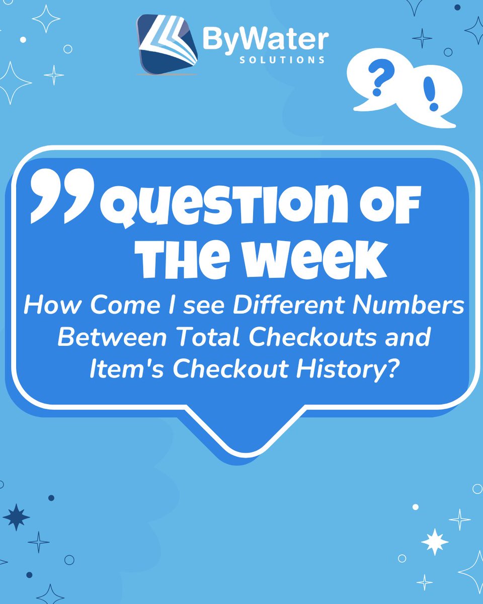 ByWaterSolution's tweet image. We made it to Friday!! Time for another ByWater Question of the Week!

This week&apos;s question is: &quot;How Come I see Different Numbers Between Total Checkouts and Item&apos;s Checkout History?&quot;

Read the answer here: zurl.co/tfaMM

 #koha #opensource #librarytechnology