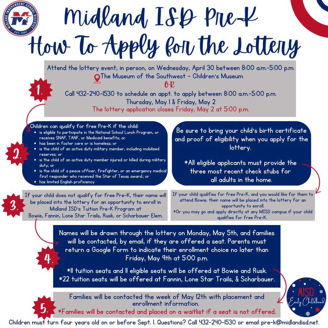For the 2025–26 school year, Midland ISD is excited to offer Tuition-Based Pre-K through a lottery system at five elementary campuses: Bowie, Fannin, Lone Star Trails, Rusk, and Scharbauer.
See below for steps to apply and sign up!