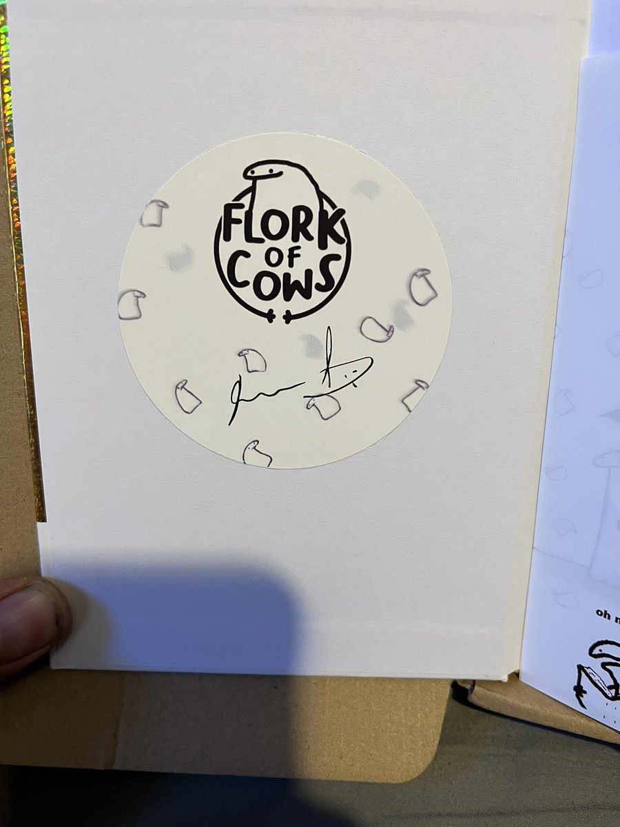 aroadroller's tweet image. Just got my @FlorkOfCows book. Lovely hardcover and autographed too. Bookshelf full, so big boss’s hand will hold onto it .