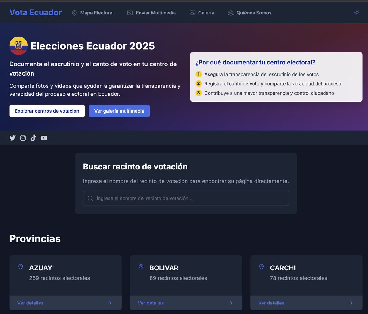 ggangix's tweet image. 🇪🇨🚀 Elecciones presidenciales de Ecuador:

He estado trabajando en votaecuador.com, una plataforma para documentar lo que suceda en cada recinto electoral. 

Brindando a los ciudadanos una herramienta para ser parte activa.

¡Comparte y participa! 🙌