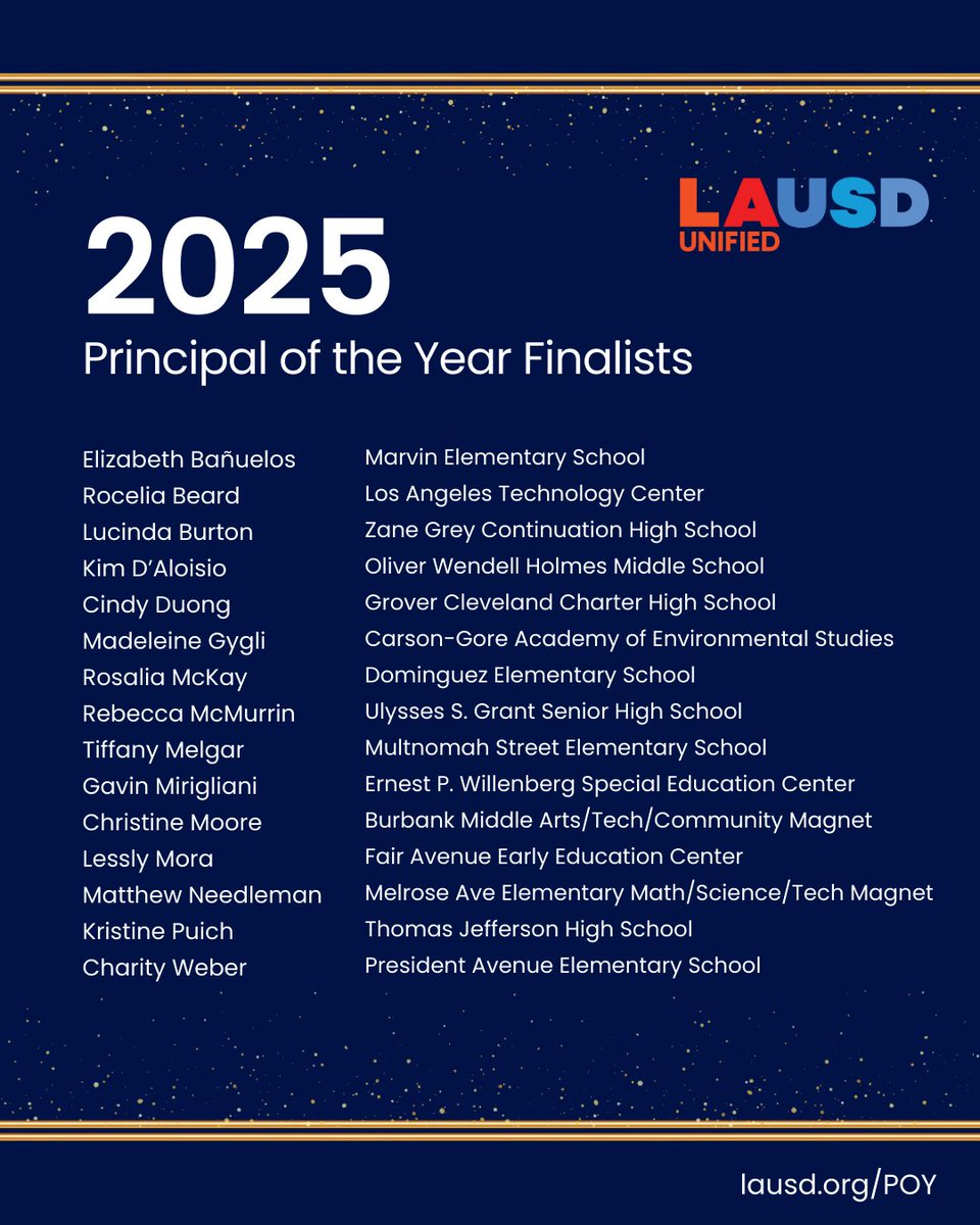 Los Angeles Unified (@laschools) on Twitter photo .<a href="/LASchools/">Los Angeles Unified</a> is proud to announce our 2025 Principal of the Year Finalists. These 15 amazing leaders are commended for their dedication, vision, and tireless commitment to their school community. This recognition is a testament to the impact they make every day. Our sincerest .<a href="/LASchools/">Los Angeles Unified</a> is proud to announce our 2025 Principal of the Year Finalists. These 15 amazing leaders are commended for their dedication, vision, and tireless commitment to their school community. This recognition is a testament to the impact they make every day. Our sincerest
