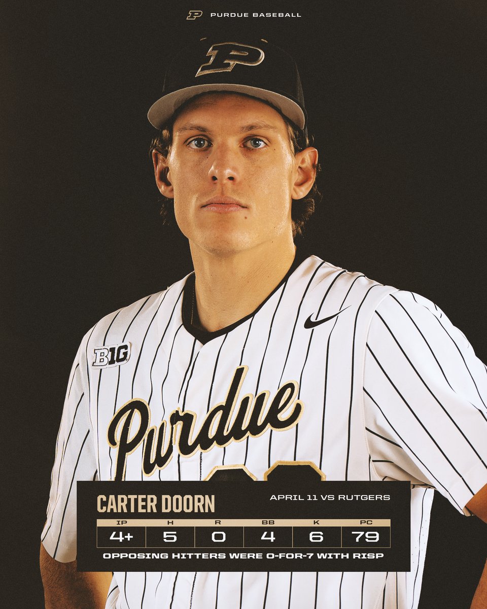 Purdue Baseball (@purduebaseball) on Twitter photo It wasn't <a href="/CarterDoorn/">Carter Doorn</a>'s longest outing of the season but he made the big pitches when he needed to with men on base.
He stranded runners on 2nd & 3rd in the 1st inning & escaped bases-loaded jams in the 3rd & 4th. #BoilerUp
Mid 6th: #Purdue 2, Rutgers 0 It wasn't <a href="/CarterDoorn/">Carter Doorn</a>'s longest outing of the season but he made the big pitches when he needed to with men on base.
He stranded runners on 2nd & 3rd in the 1st inning & escaped bases-loaded jams in the 3rd & 4th. #BoilerUp
Mid 6th: #Purdue 2, Rutgers 0