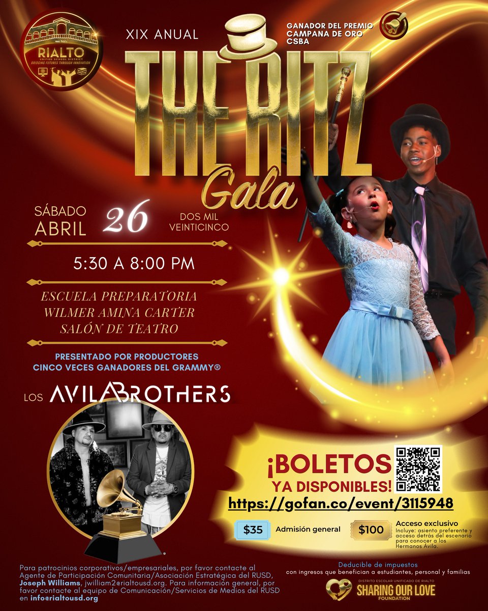 🎉 RITZ Gala Tickets are LIVE! 🎉

Get ready for a night of incredible student talent at the RITZ Gala! Hosted by our very own GRAMMY-winning Avila Brothers, this is a show you don't want to miss!

📅 Saturday, April 26th
📍 Carter HS
🎟️ Tickets: gofan.co/event/3115948
