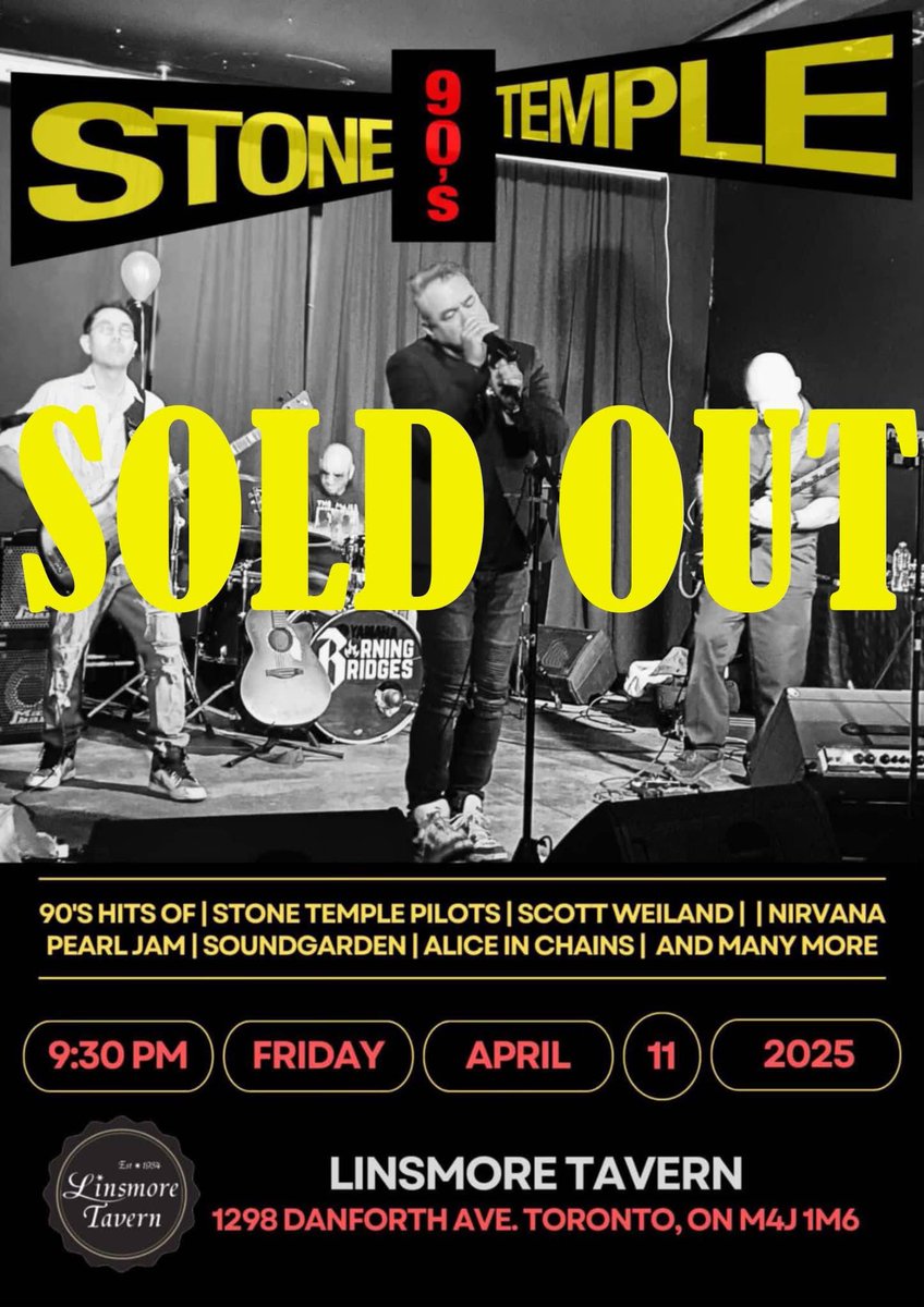 Another Sold Out Saturday night at the Linsmore w the incredible Stone Temple 90s! Grey ready to listen to some legendary grunge bands like STP, Nirvana, Pearl Jam, Soundgarden, Alice in Chains and so much more!