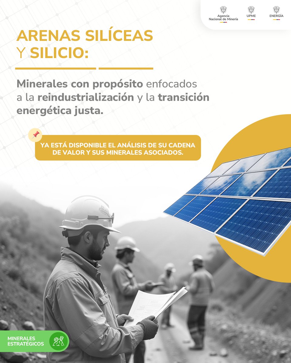 ANMColombia's tweet photo. Junto a @MinEnergiaCo y la @UPMEOficial ponemos a tu disposición un análisis exhaustivo de la cadena de valor del mineral estratégico de sílice como pilar fundamental para el desarrollo de energías limpias y así contribuir a la mitigación del cambio climático.

En 2022 las energías renovables representaron el 29,1% de la generación eléctrica mundial, y según la @IEA para 2028 las fuentes de energía renovables representarán más del 42%.

¡Descubre cómo este recurso puede impulsar el desarrollo del país!

Consúltalo 👇🏽
https://t.co/UmxPJuvtgu