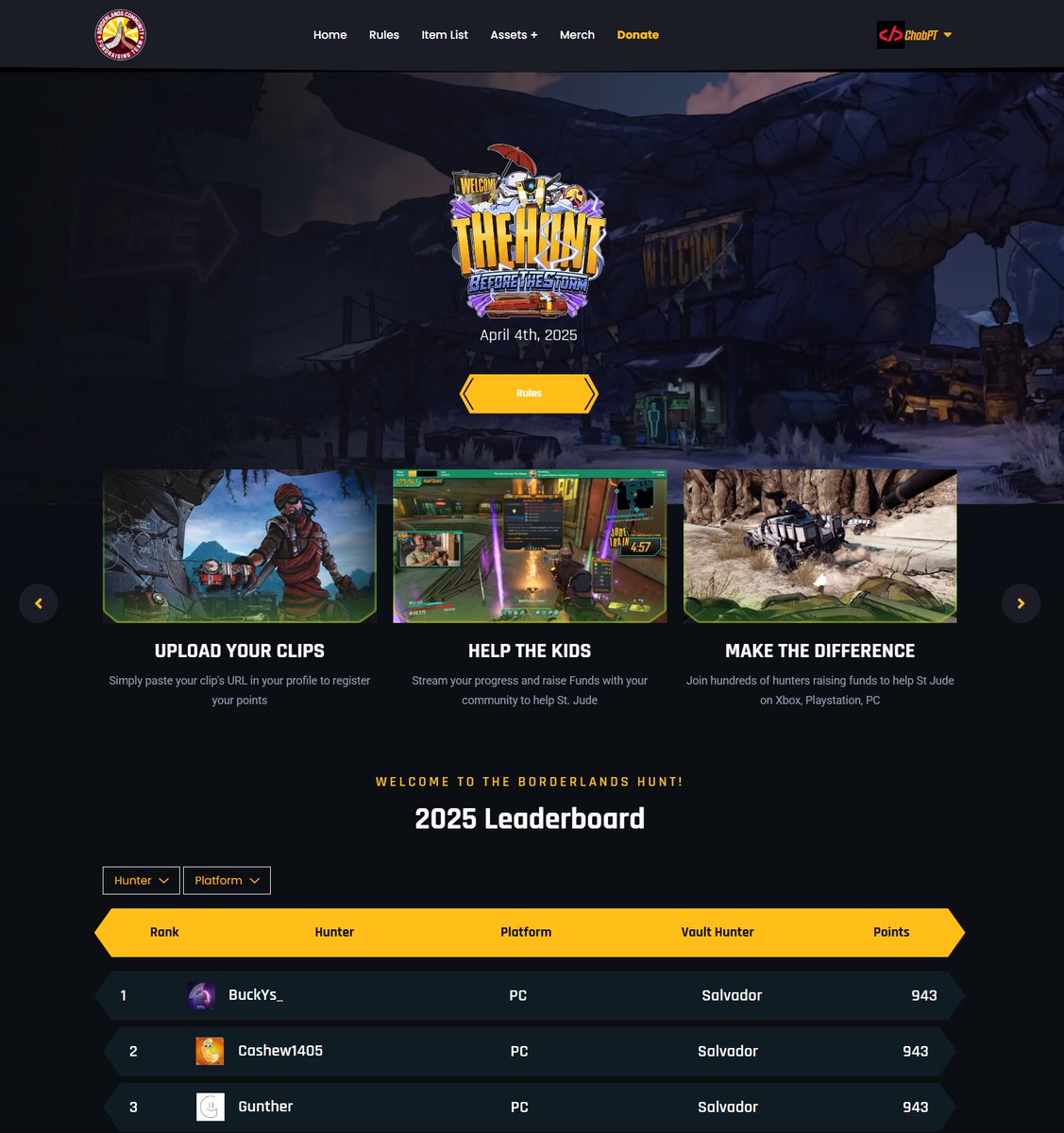 Kind of happ[y how this year's Borderlands Hunt ( <a href="/thehuntcharity/">Borderlands Community Fundraising Team</a> ) redesign turned out, and the fact it's the first edition to hit the 80k Raised for St Jude is amazing!

Donate to St Jude: tiltify.com/+borderlands-c…

Event Site: tiltify.com/+borderlands-c…