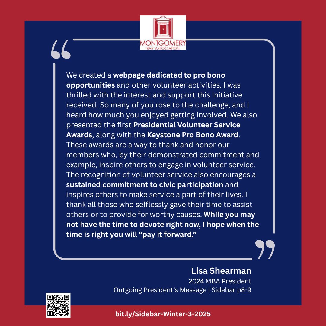 Legal Aid of Southeastern PA (@legalaidsepa) on Twitter photo The <a href="/Montgomery_Bar/">Montgomery Bar Association</a> recently published its Winter 2024-25 Sidebar magazine.
* 2024 MBA President Lisa Shearman shares #probono highlights.
* LASP Exec Dir Shawn Boehringer thanks the MBF.
Also: Importance of mentorship for young attorneys & much more!
#WeekendRead The <a href="/Montgomery_Bar/">Montgomery Bar Association</a> recently published its Winter 2024-25 Sidebar magazine.
* 2024 MBA President Lisa Shearman shares #probono highlights.
* LASP Exec Dir Shawn Boehringer thanks the MBF.
Also: Importance of mentorship for young attorneys & much more!
#WeekendRead
