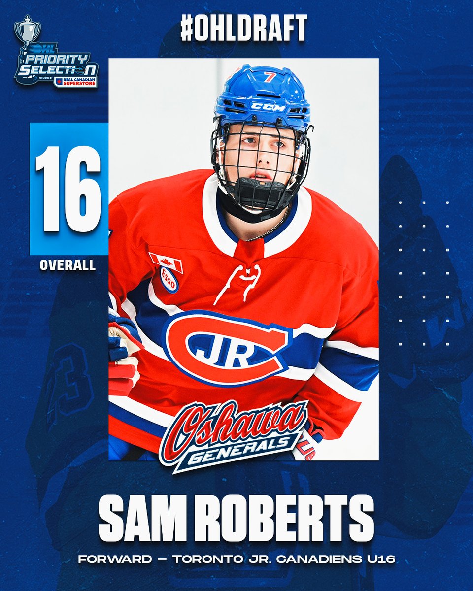 Ontario Hockey League (@ohlhockey) on Twitter photo The <a href="/Oshawa_Generals/">Oshawa Generals</a> select second-generation talent and #OHLCup champion Sam Roberts of <a href="/GTHLHockey/">GTHL Hockey</a>'s <a href="/JrCanadiensAAA/">Toronto Jr Canadiens</a> with the 16th overall pick in the 2025 #OHLDraft!
🎥: chl.ca/ohl/video/2025… The <a href="/Oshawa_Generals/">Oshawa Generals</a> select second-generation talent and #OHLCup champion Sam Roberts of <a href="/GTHLHockey/">GTHL Hockey</a>'s <a href="/JrCanadiensAAA/">Toronto Jr Canadiens</a> with the 16th overall pick in the 2025 #OHLDraft!
🎥: chl.ca/ohl/video/2025…