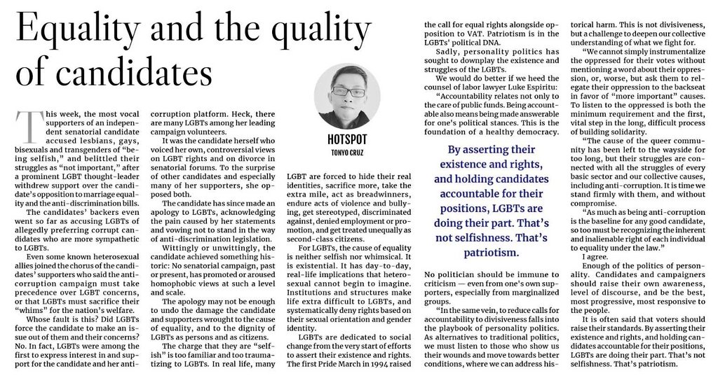 Tonyo Cruz (@tonyocruz) on Twitter photo Equality and the quality of candidates
-- my <a href="/manilabulletin/">Manila Bulletin News</a> column this weekend
mb.com.ph/2025/4/12/equa⦠Equality and the quality of candidates
-- my <a href="/manilabulletin/">Manila Bulletin News</a> column this weekend
mb.com.ph/2025/4/12/equaā¦