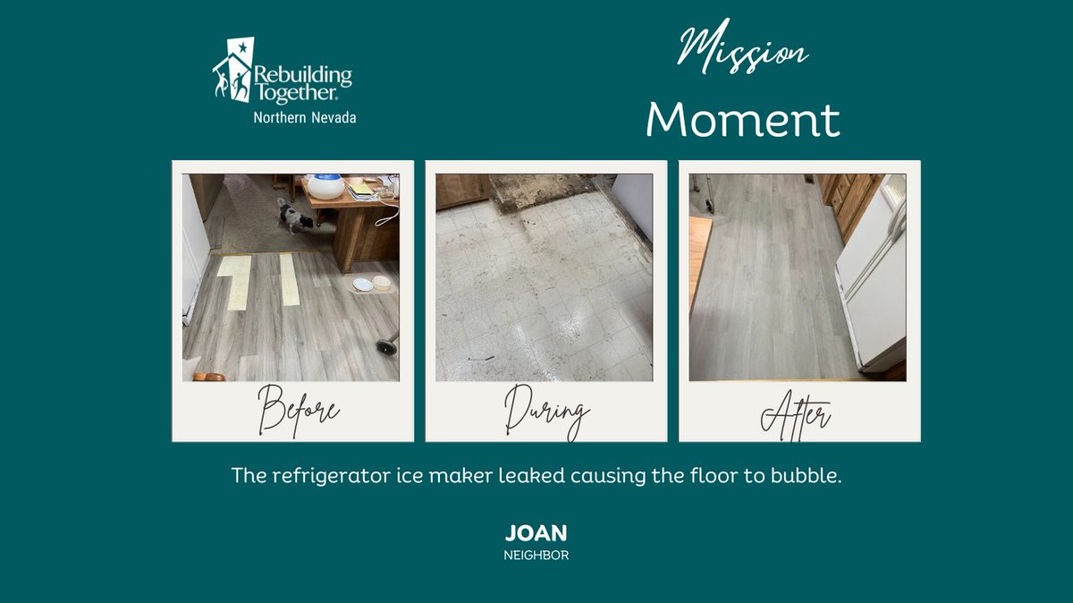 Mission Moment to the Rescue!
Our team recently stepped in to repair and replace flooring damaged by a refrigerator ice maker leak.  For Joan, the homeowner, this repair brought not just comfort, but peace of mind—she had been living in fear of falling through the damaged floor.
