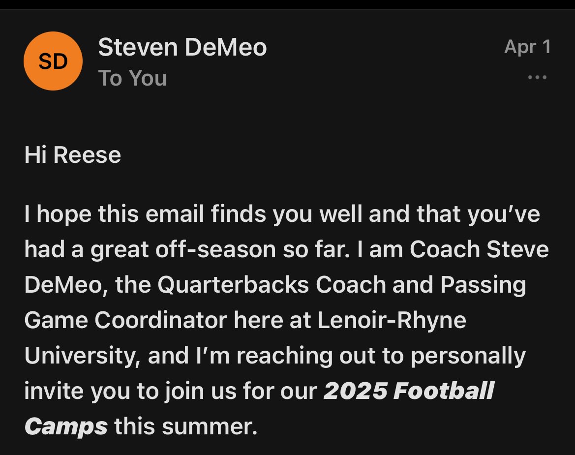 Reese Garrett (@reese1110460) on Twitter photo Thank you Coach Steven DeMeo for inviting me to Lenoir-Rhyne 2025 summer camp! <a href="/PlayBookAthlete/">PLAYBOOK ATHLETE</a> Thank you Coach Steven DeMeo for inviting me to Lenoir-Rhyne 2025 summer camp! <a href="/PlayBookAthlete/">PLAYBOOK ATHLETE</a>