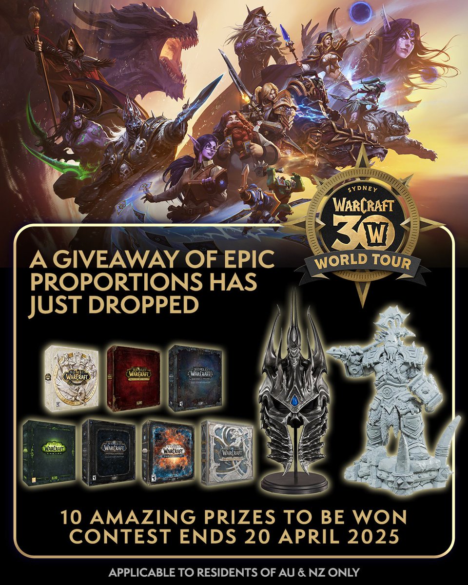 Our Sydney event has ended, but the celebrations haven't! ⚔️

For those who couldn't attend, we've got epic loot to celebrate 30 years of Warcraft with you.

✅ Follow + Like &amp; RT
✅ Share your favourite memory of your first Warcraft game
🎁 Bonus: Add a screenshot or picture!