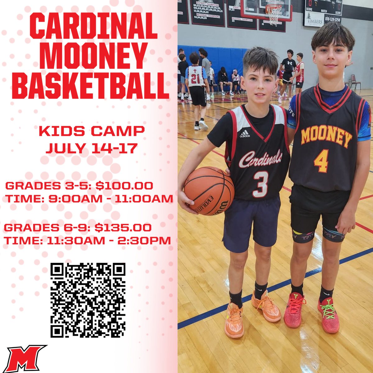 Cardinal Mooney Boys Basketball skills camp, July 14-17. 
Register at: bit.ly/3DZ6QD2