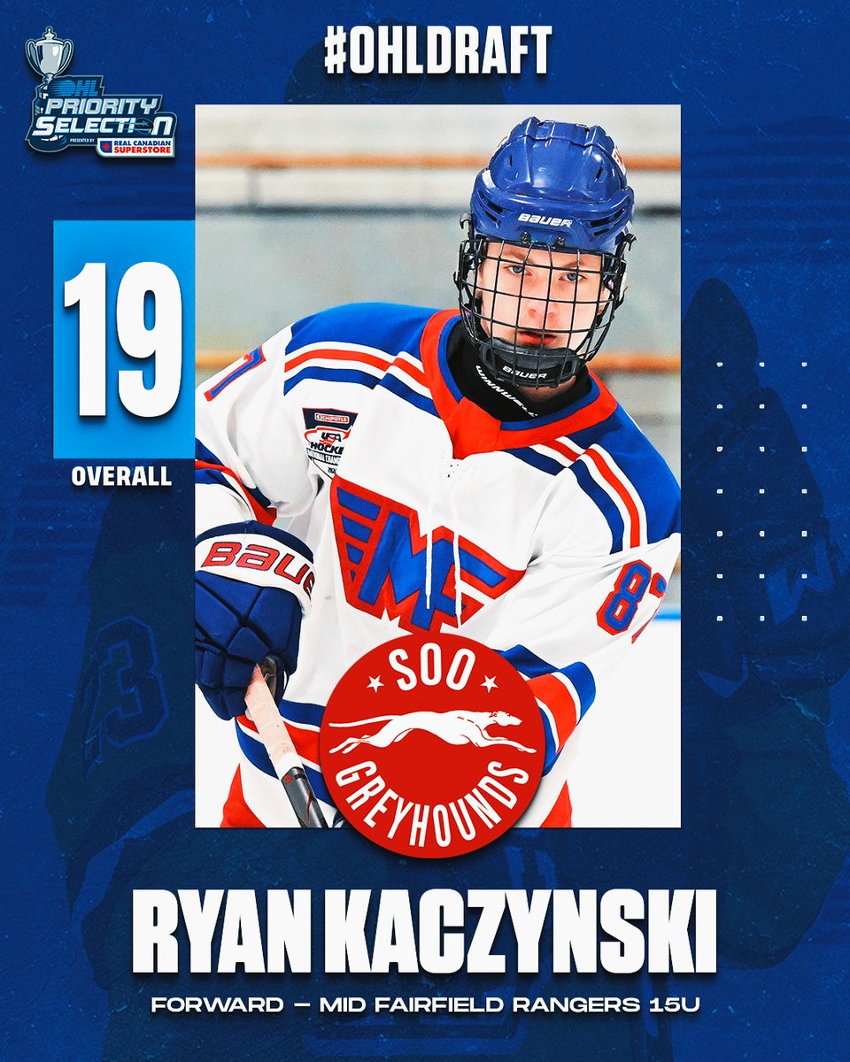 OHLHockey's tweet photo. The @OHLHoundPower select forward Ryan Kaczynski of the Mid Fairfield Rangers with the 19th overall pick in the 2025 #OHLDraft! https://t.co/2PTUTlQuAH