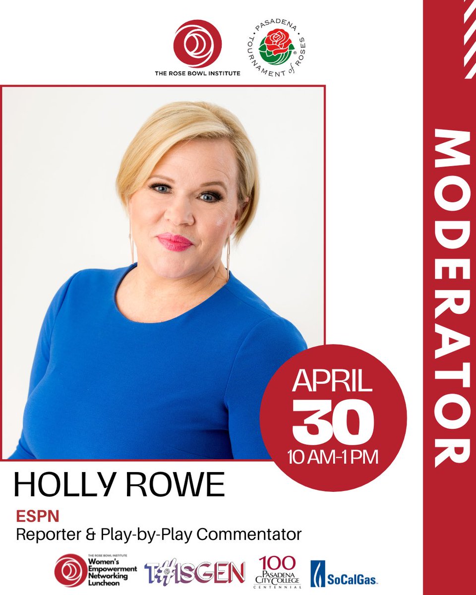 RoseBowlInst's tweet photo. We’re excited to announce that award-winning sports broadcaster Holly Rowe will be our Moderator for Empowering Tomorrow, Today: Youth Leadership Summit! 🌹 🌹
Register today ➡️ https://t.co/vnvsbNuiA1
#HollyRowe #EmpoweringTomorrowToday #Moderator #EmpowerYourVoice https://t.co/9aplpqISoK