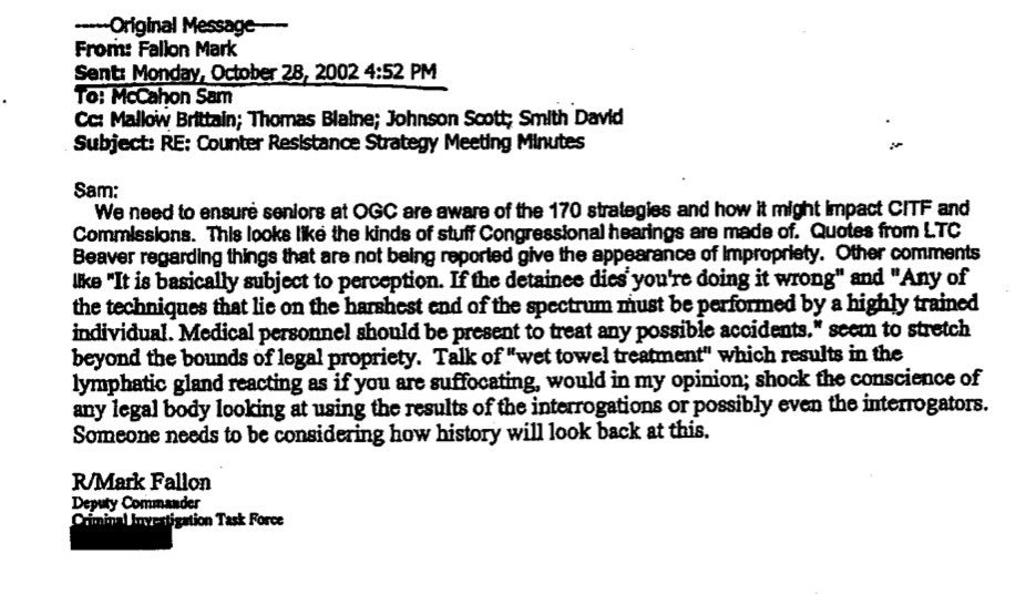 glynco's tweet photo. After a 2002 CIA #Guantanamo meeting
“Talk of wet towel treatment which results in the lymphatic gland reacting as you are suffocating, would in my opinion; shock the conscience of any legal body looking at the results of those #interrogations or possibly even the interrogators.” https://t.co/jVM9R0gOXs