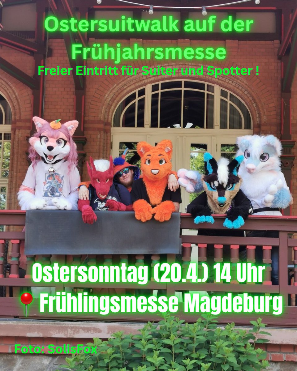 ElbeFurs's tweet photo. 🐰 Ostersuitwalk &amp; Stammtisch – Magdeburg, 20.04.2025!
Frühling, Flausch &amp; Frühjahrsmesse!

🕑 14:00 Uhr – Treff am Messe-Eingang
🎽 Umkleidehalle vor Ort
🎟️ Eintritt für Suiter &amp; Spotter frei
🍴 Stammtisch ab ~17:30 Uhr (All-You-Can-Eat)
🔍 Spotter gesucht! https://t.co/beifuFp99d