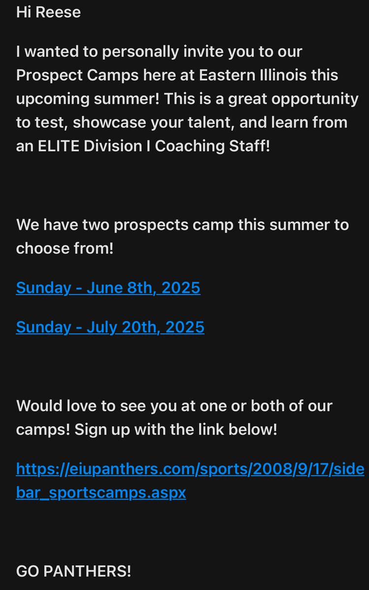 Reese Garrett (@reese1110460) on Twitter photo Thank you to <a href="/EIUSEPANTHERS/">EasternIllinoisSE</a> for inviting me to their 2025 summer prospect camp! <a href="/PlayBookAthlete/">PLAYBOOK ATHLETE</a> Thank you to <a href="/EIUSEPANTHERS/">EasternIllinoisSE</a> for inviting me to their 2025 summer prospect camp! <a href="/PlayBookAthlete/">PLAYBOOK ATHLETE</a>
