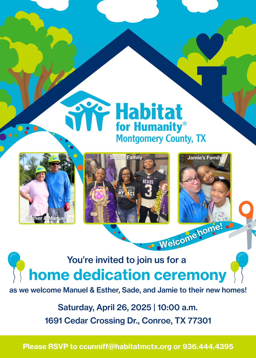 HabitatMCTX's tweet photo. Join us as we welcome three families home! 
🎉🏠

Habitat for Humanity of Montgomery County, TX invites you to a special Home Dedication Ceremony as we celebrate the lives and accomplishments of three incredible families in our Cedar Creek neighborhood. https://t.co/i3WXy9s2VJ