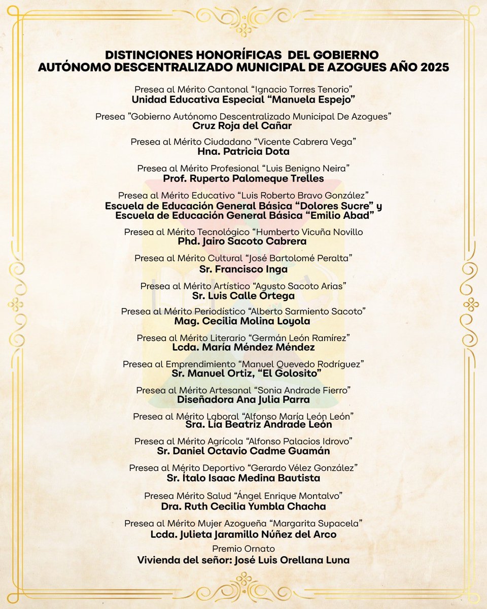 DISTINCIONES HONORÍFICAS 

Instituciones y personas que han contribuido con el adelanto del Cantón serán reconocidos por el Concejo Cantonal de Azogues, durante la sesión solemne de aniversario por el Bicentenario de Cantonización. goo.su/vr7ACE