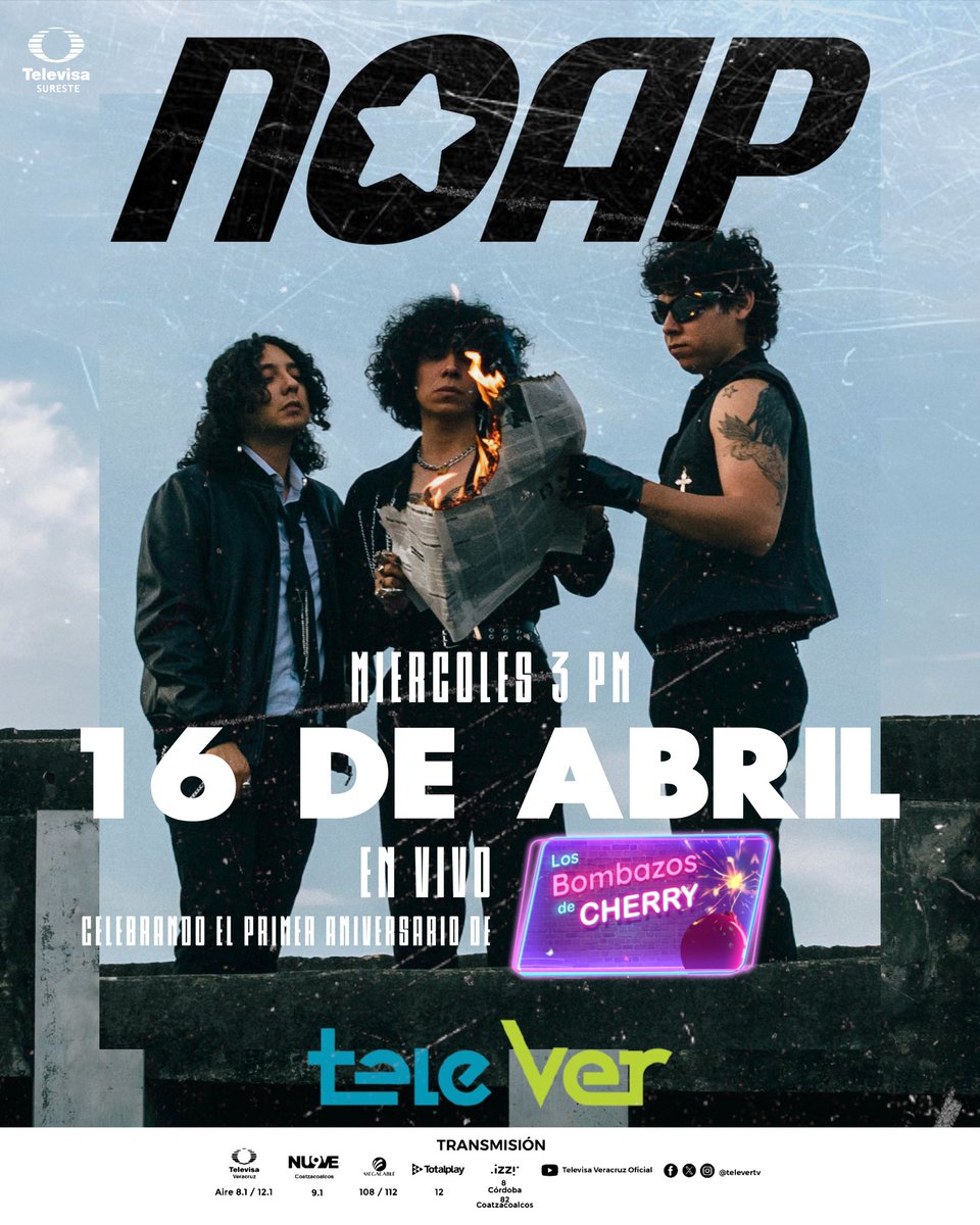 noapmx's tweet photo. Acompáñenos a celebrar el aniversario de @losbombazosdecherry este miércoles 16 de Abril a las 3 pm! 

Tocaremos por primera vez nuestro nuevo sencillo ‘Ojitos Miel’ en vivo en todas las señales de @televertv ❤️‍🔥 ¿Están con nosotros? https://t.co/cWImxQRUHl