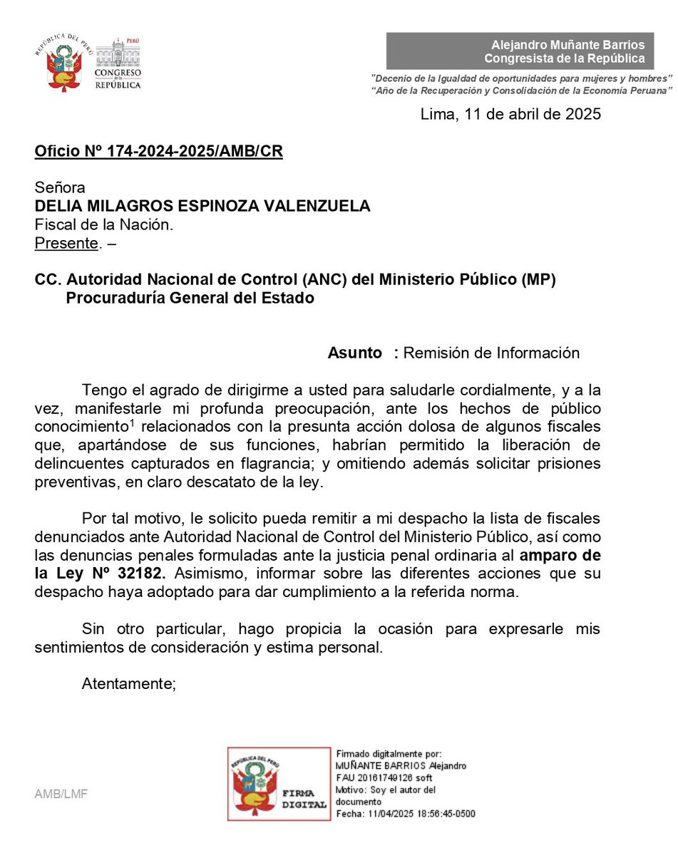 AlejoMunante's tweet photo. 🚨 #OFICIADO | ¡SANCIÓN URGENTE CONTRA MALOS FISCALES! He remitido un oficio a la fiscal de la Nación, Delia Espinoza, solicitando la relación de las denuncias penales y administrativas contra aquellos fiscales que habrían liberado de manera irregular a delincuentes capturados en flagrancia delictiva, y las acciones que ha adoptado su despacho en estricta aplicación de la Ley 32182.

No podemos permitir que quienes deben hacer cumplir la ley actúen en contra de ella. ¡Exigimos transparencia y sanciones ejemplares!

#VamosPorMás🇵🇪 #MásFiscalización