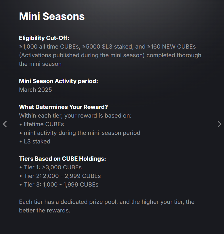 เช็ค $OP Mini Seasons 3 จาก Layer3

เกณฑ์มี CUBEs มากกว่า >1,000 CUBEs
จำกัด 3,333 คน
👉 app.layer3.xyz/quests/mini-se…

Tiers Based on CUBE Holdings
• Tier 1: >3,000 CUBEs
• Tier 2: 2,000 - 2,999 CUBEs
• Tier 3: 1,000 - 1,999 CUBEs

ในแต่ละ tier แบ่งวิธีแจกด้วย
• Lifetime CUBEs
•